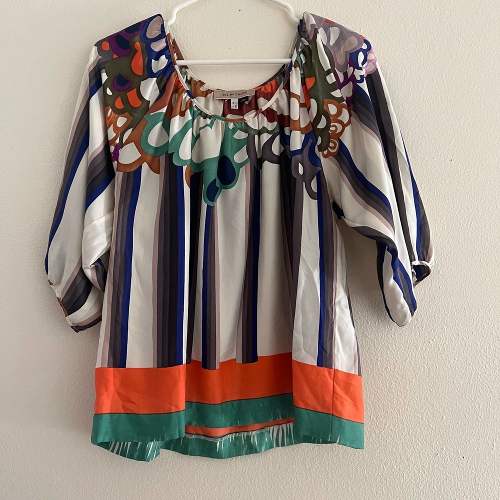SEE BY CHLOE Twill Silk Patterned Scoop Neck Tunic Blouse Size 6 - Picture 3 of 6